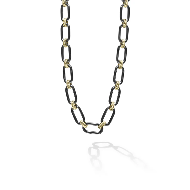LAGOS 18K Yellow Gold and Black Ceramic Signature Caviar Link Necklace - 04-10596-CB18
