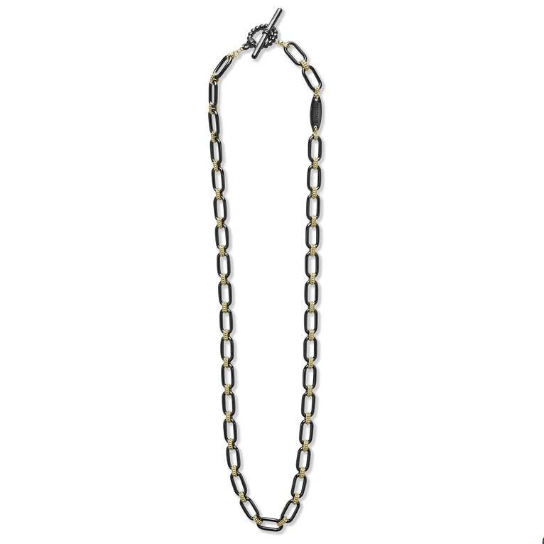 LAGOS 18K Yellow Gold and Black Ceramic Signature Caviar Link Necklace