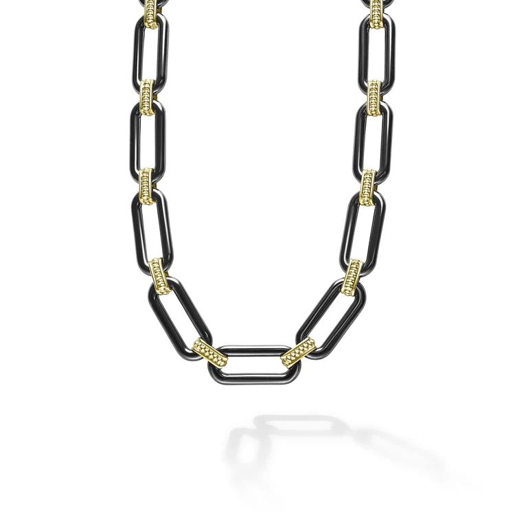 LAGOS 18K Yellow Gold and Black Ceramic Signature Caviar Link Necklace - 04-10597-CB18