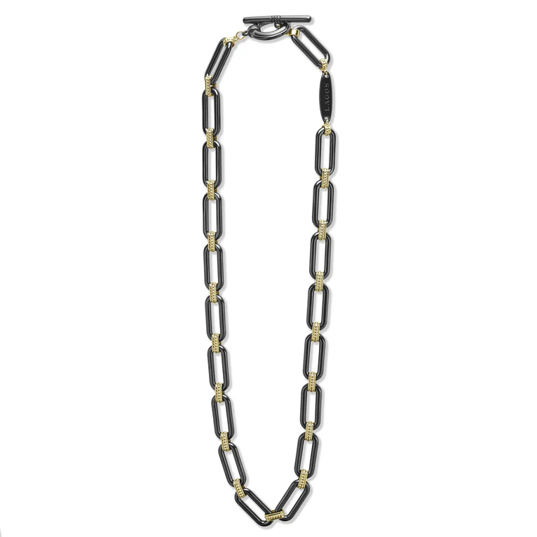LAGOS 18K Yellow Gold and Black Ceramic Signature Caviar Link Necklace