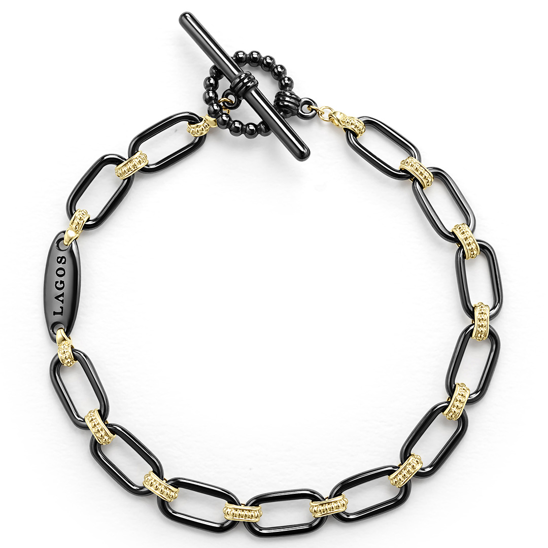 LAGOS 18K Yellow Gold Black Ceramic Signature Caviar Link Bracelet