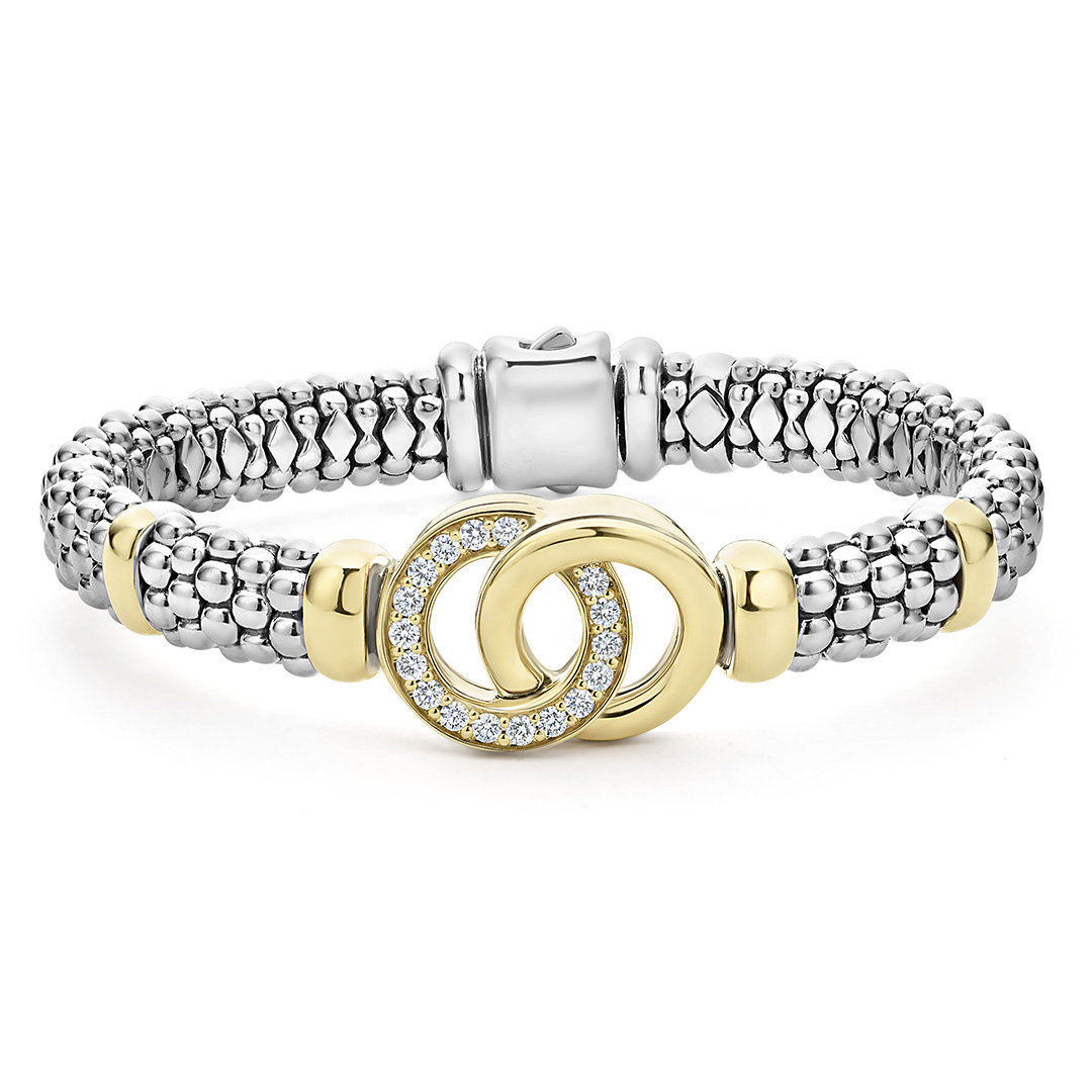 LAGOS Sterling Silver and 18K Yellow Gold Signature Caviar Diamond Interlocking Bracelet
