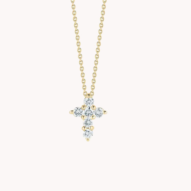 18K Yellow Gold Baby Cross Diamond Pendant Necklace