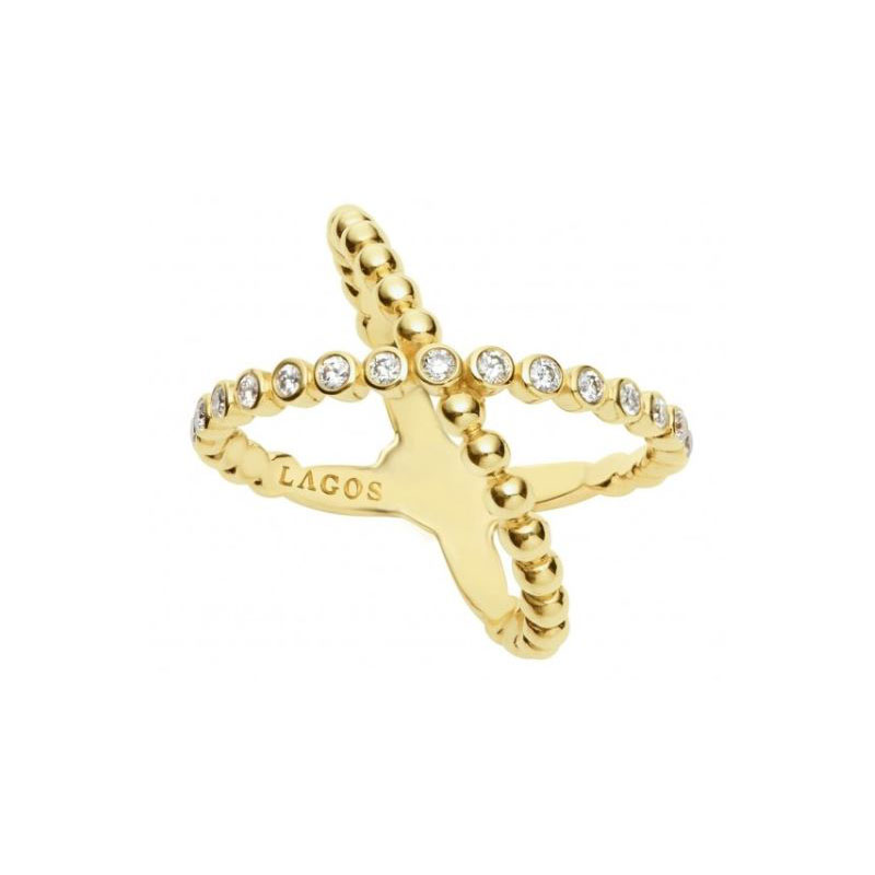 LAGOS 18K Yellow Gold Caviar Gold Signature "X" Diamond Ring