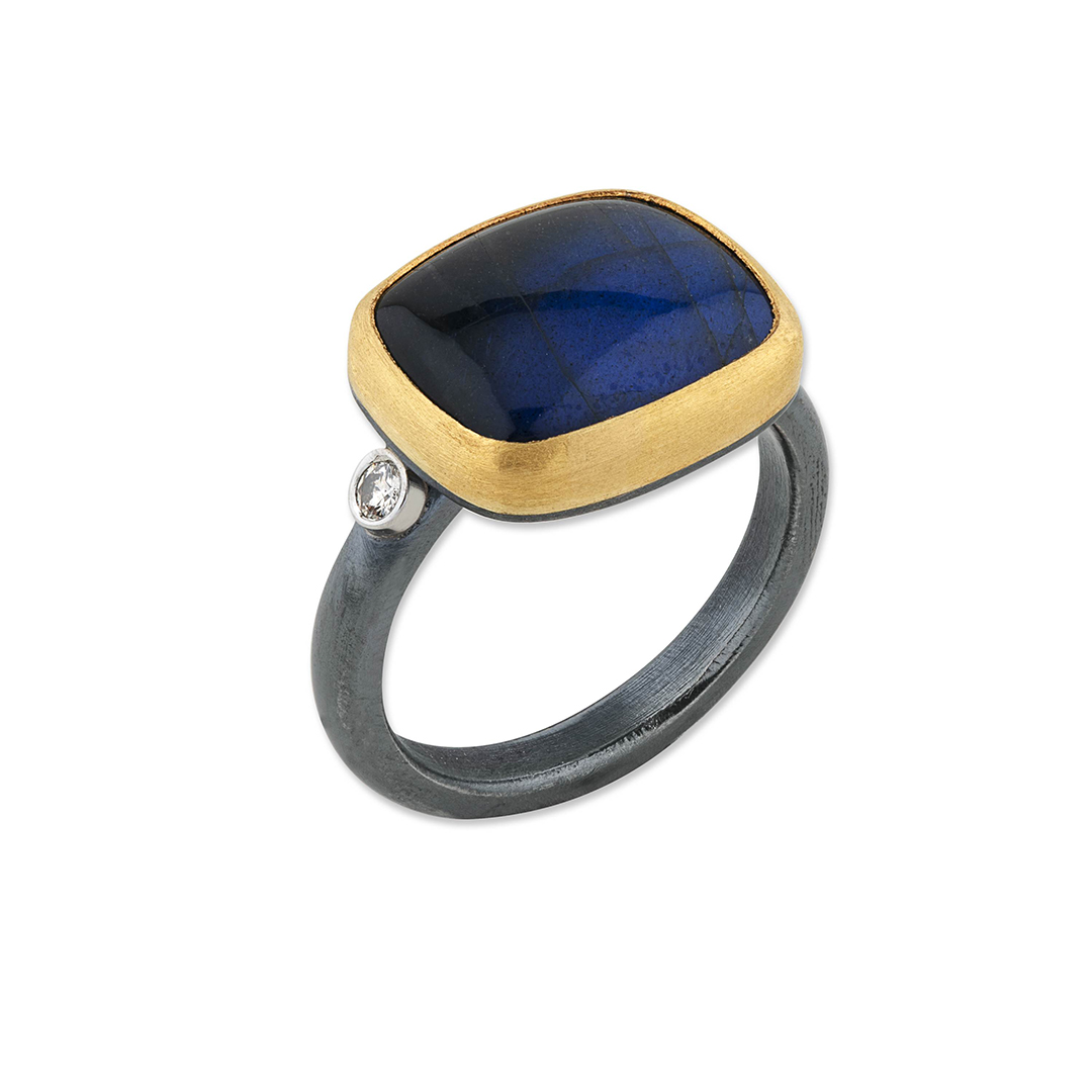 Lika Behar Oxidized Sterling Silver and 24K Yellow Gold Amazing Mesmerizing Gems Labradorite Onyx and Diamond Ring