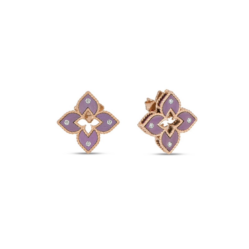 Roberto Coin 18K Rose Gold Venetian Princess Diamond and Purple Titanium Flower Stud Earrings