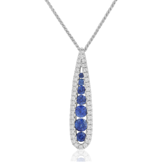 18K White Gold Sapphire and Diamond Drop Pendant Necklace - 2109