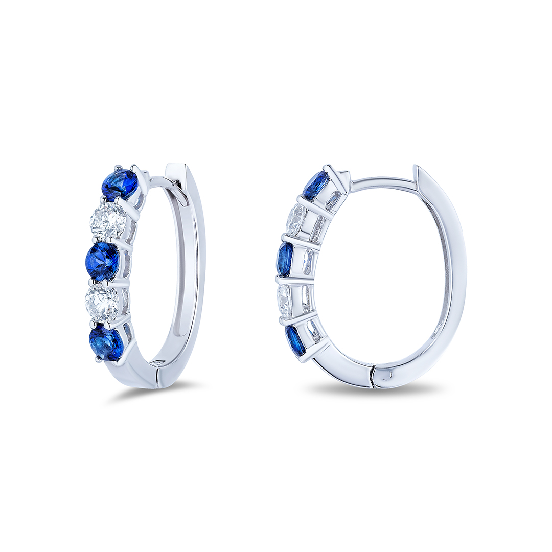 18K White Gold Sapphire and Diamond Oval Hoop Earrings