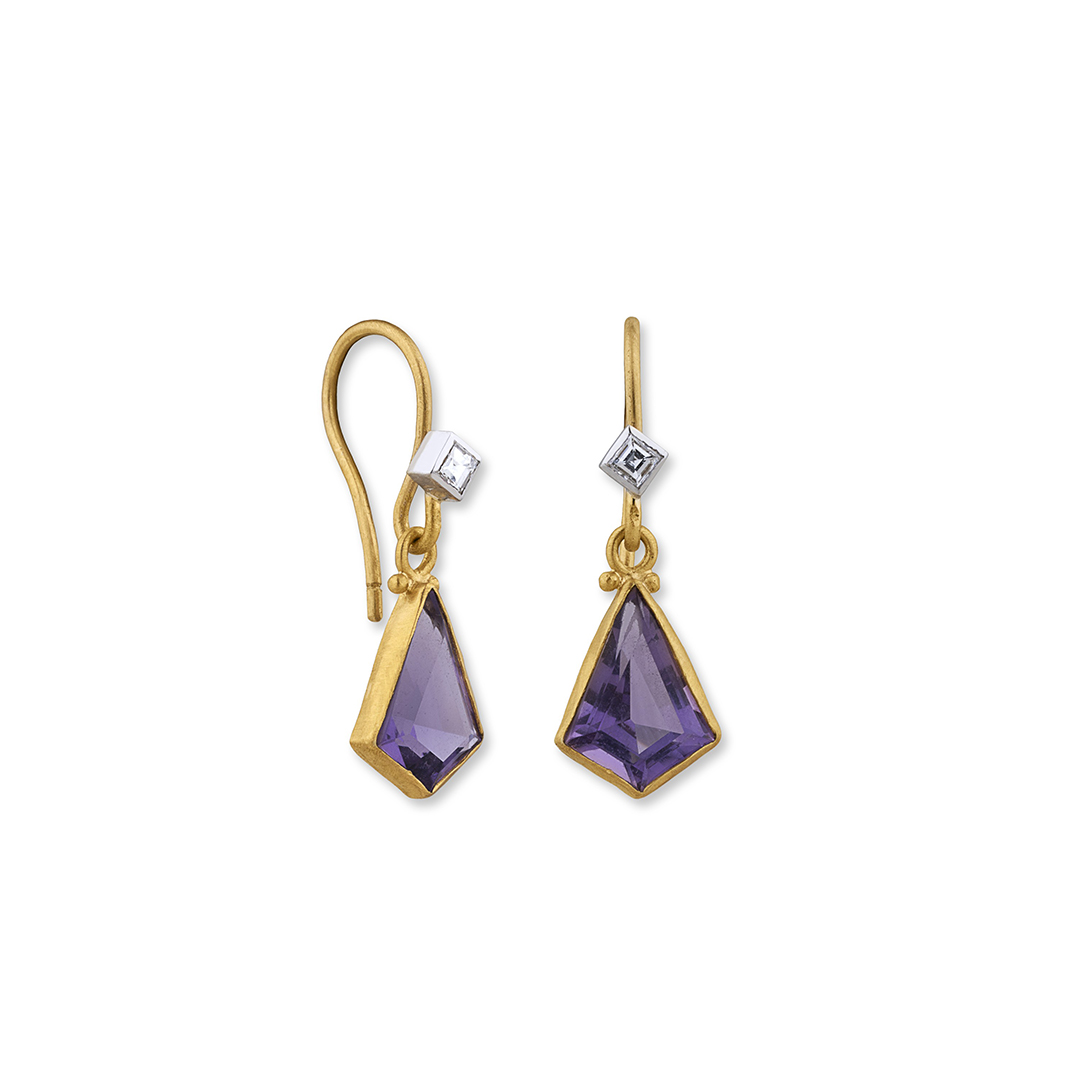 Lika Behar 22K Yellow Gold and 18K White Gold Amazing Mesmerizing Gems Amethyst and Diamond "Deco" Earrings