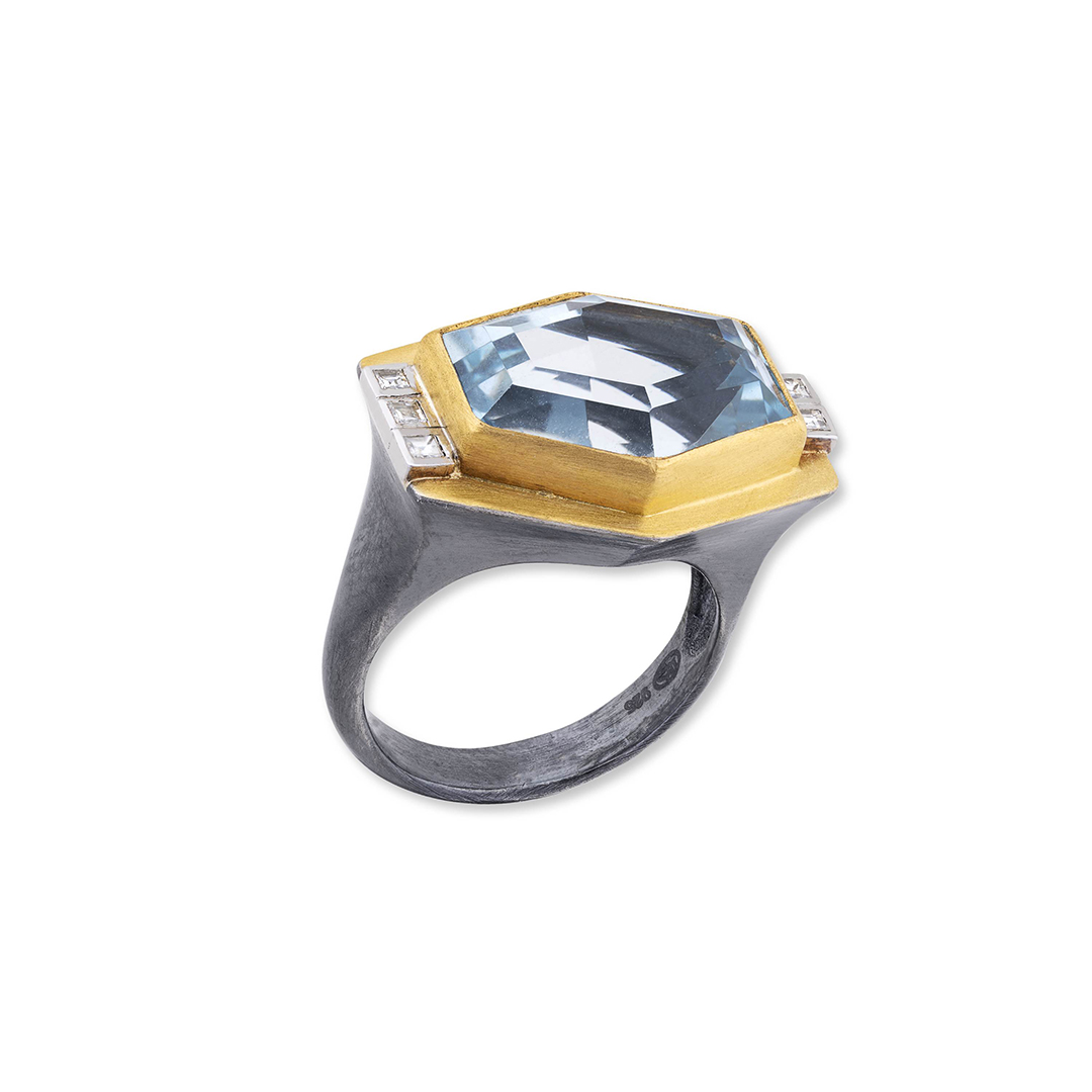 Lika Behar Oxidized Sterling Silver and 24K Yellow Gold Amazing Mesmerizing Gems Sky Blue Topaz and Diamond 