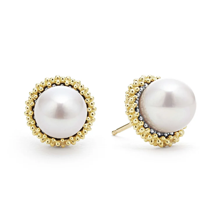 LAGOS Sterling Silver and 18K Yellow Gold Luna Pearl Stud Earrings - 2236