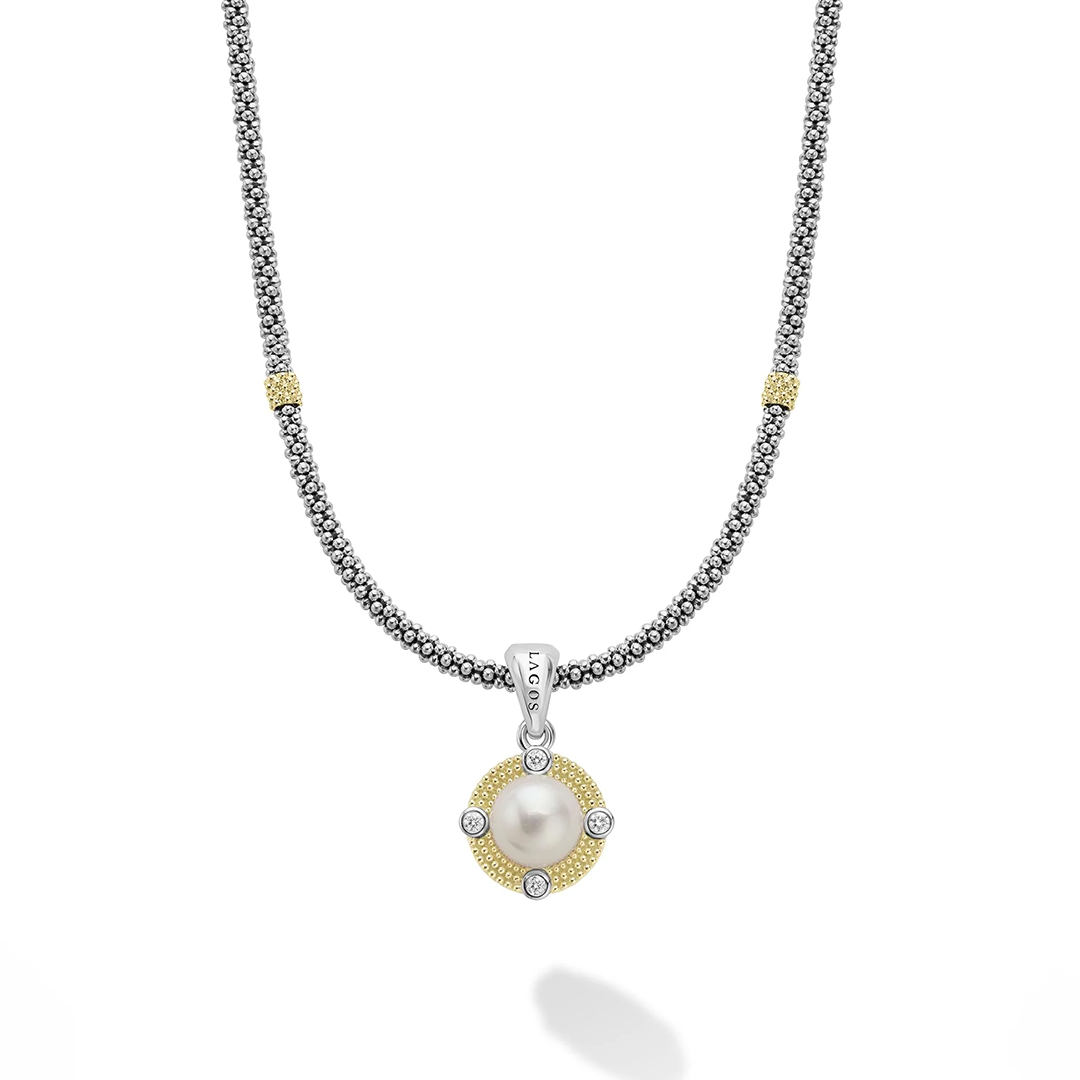 LAGOS Sterling Silver and 18K Yellow Gold Luna Freshwater Pearl and Diamond Necklace