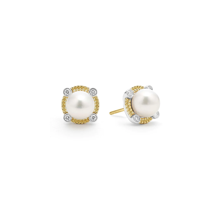 LAGOS Sterling Silver and 18K Yellow Gold Pearl and Diamond Earrings