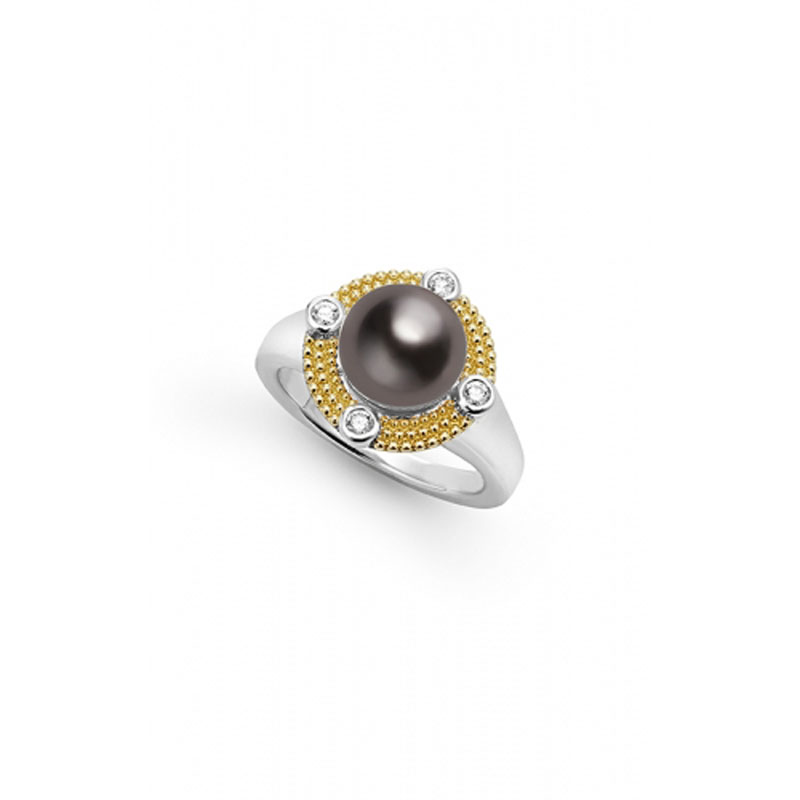 LAGOS Sterling SIlver and 18K Yellow Gold Luna Tahitian Black Pearl Diamond Ring