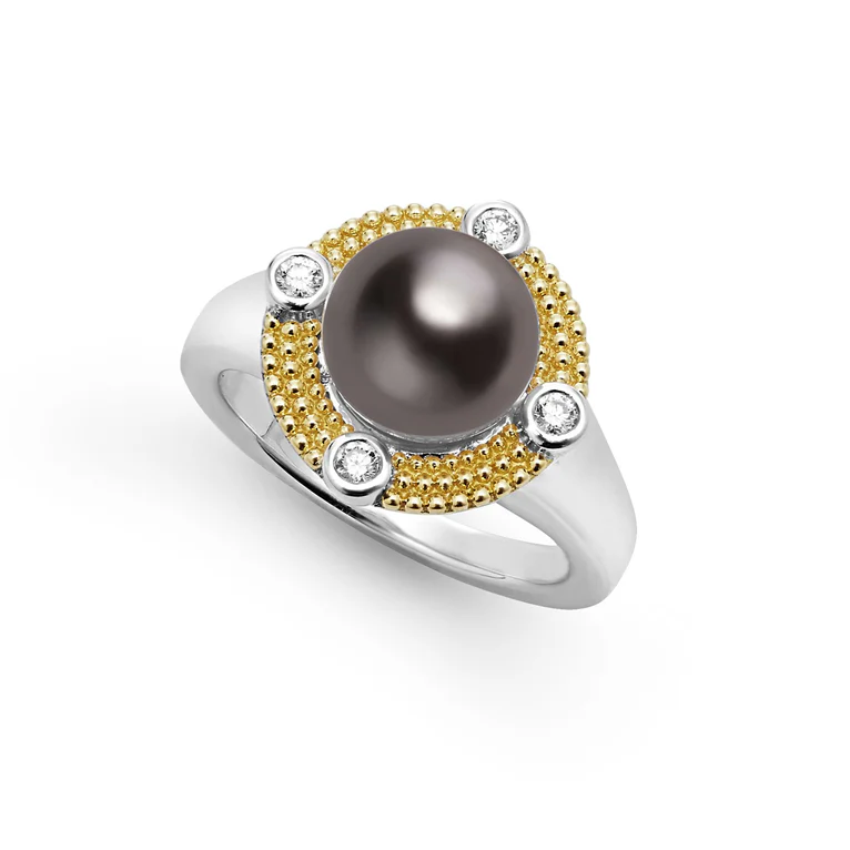 LAGOS Sterling SIlver and 18K Yellow Gold Luna Tahitian Black Pearl Diamond Ring