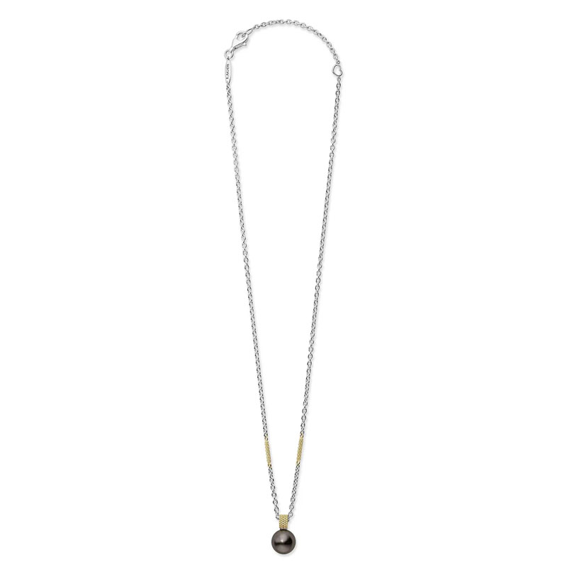 LAGOS Sterling Silver and 18K Yellow Gold Luna Tahitian Black Pearl Necklace