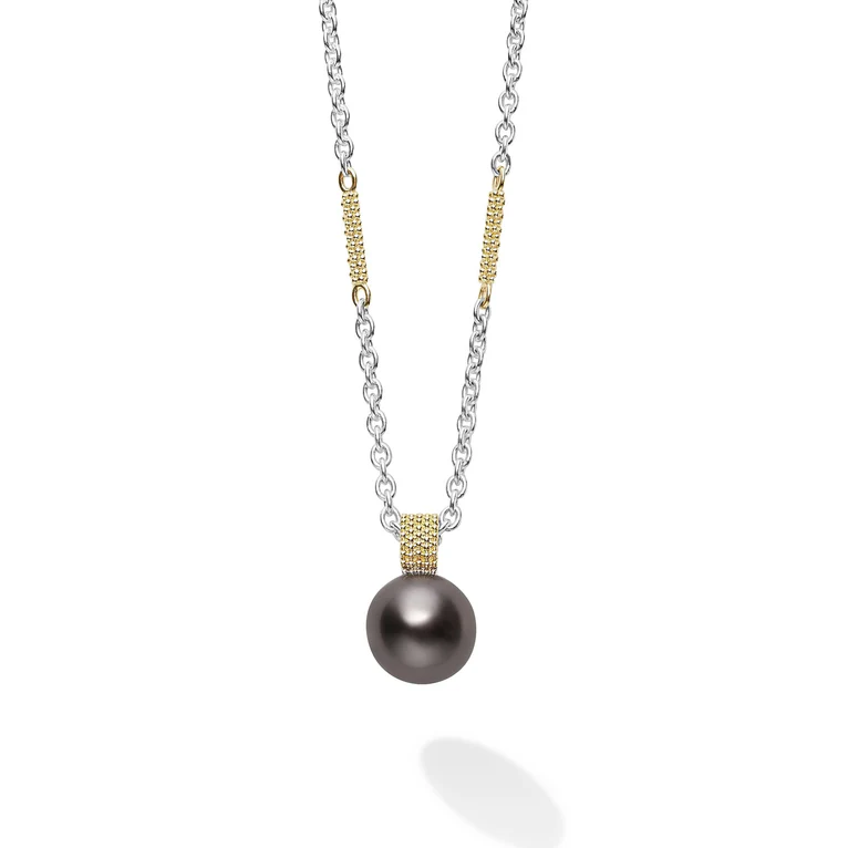 LAGOS Sterling Silver and 18K Yellow Gold Luna Tahitian Black Pearl Necklace
