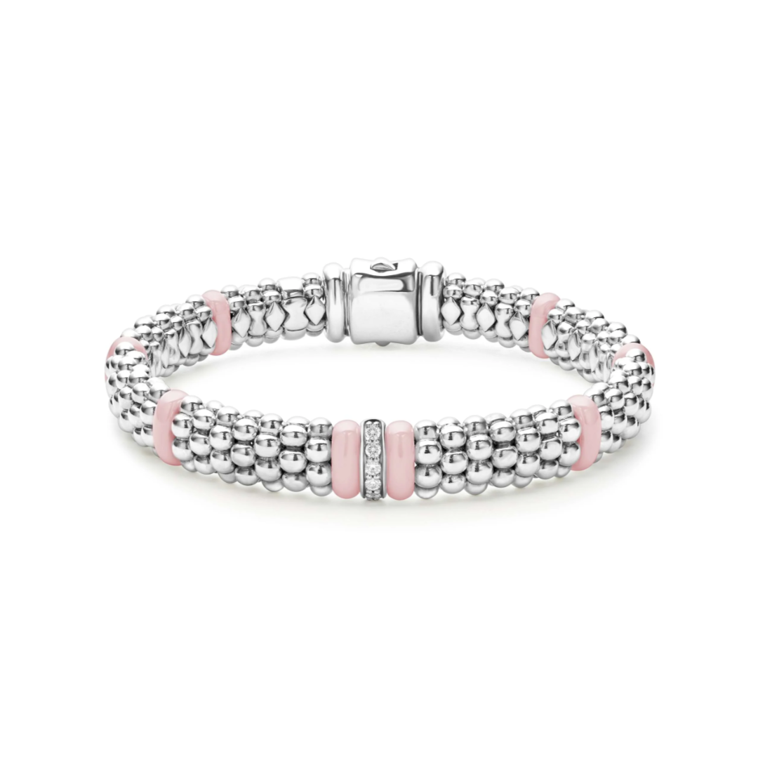LAGOS Sterling Silver and Pink Ceramic Pink Caviar Diamond Bracelet