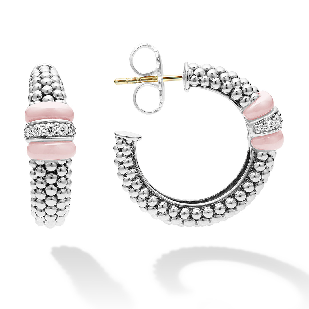LAGOS Sterling Silver and Pink Caviar Ceramic Diamond Hoop Earrings