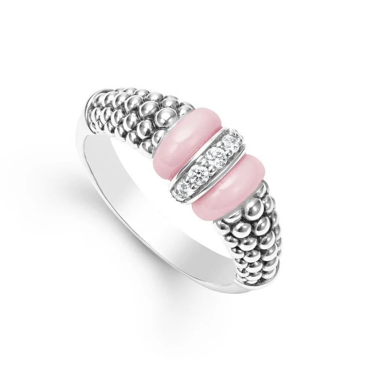 LAGOS Sterling Silver and Pink Ceramic Pink Caviar Diamond Ring