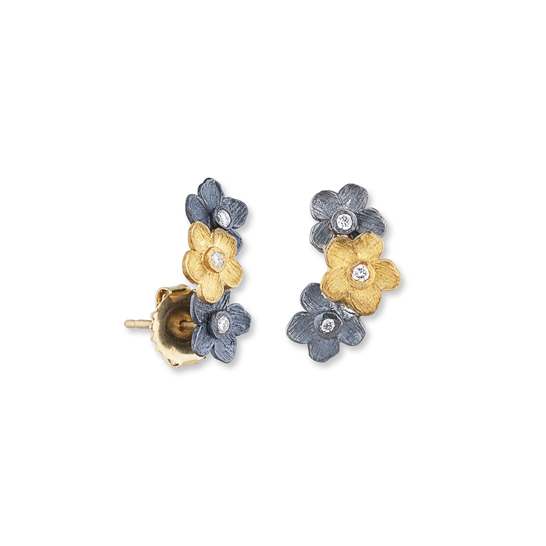 Lika Behar 22K Yellow Gold and Sterling Silver Yin and Yang Diamond Flower Buttercup Climber Earrings - 2305
