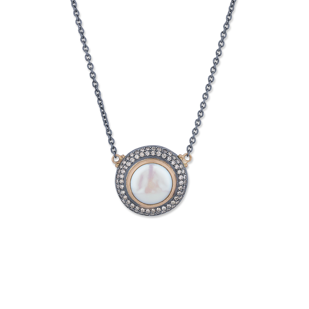 Lika Behar Oxidized Sterling Silver and 22K Yellow Gold Peach Glow Pearl and Diamond 