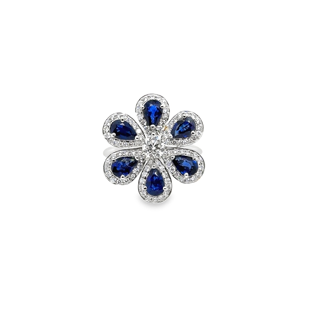 18K White Gold Diamond and Sapphire 6 Petal Flower Ring