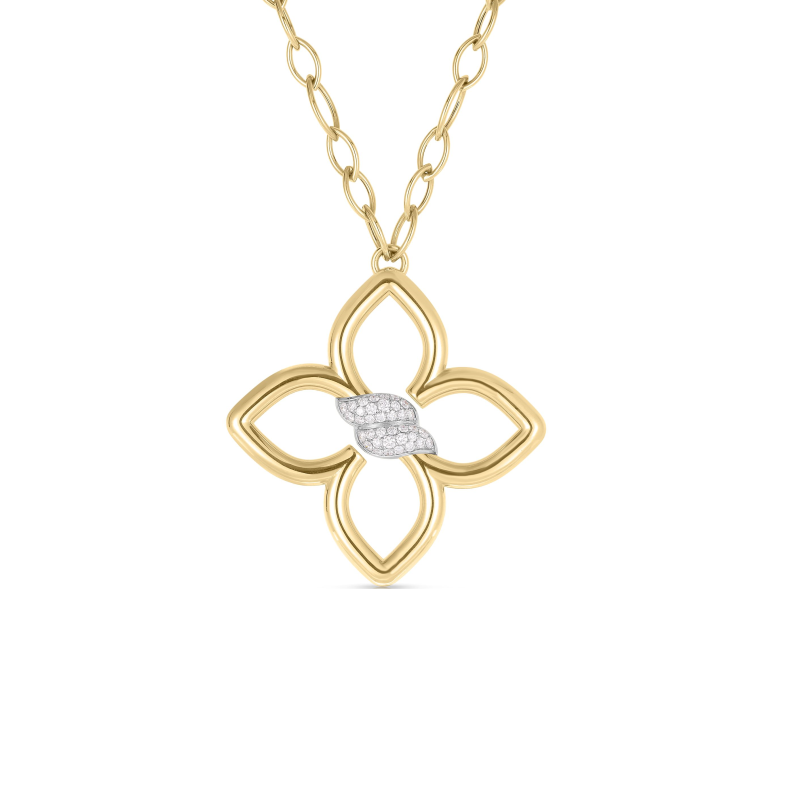 Roberto Coin 18K Yellow and White Gold Cialoma Diamond Large Open Flower Necklace