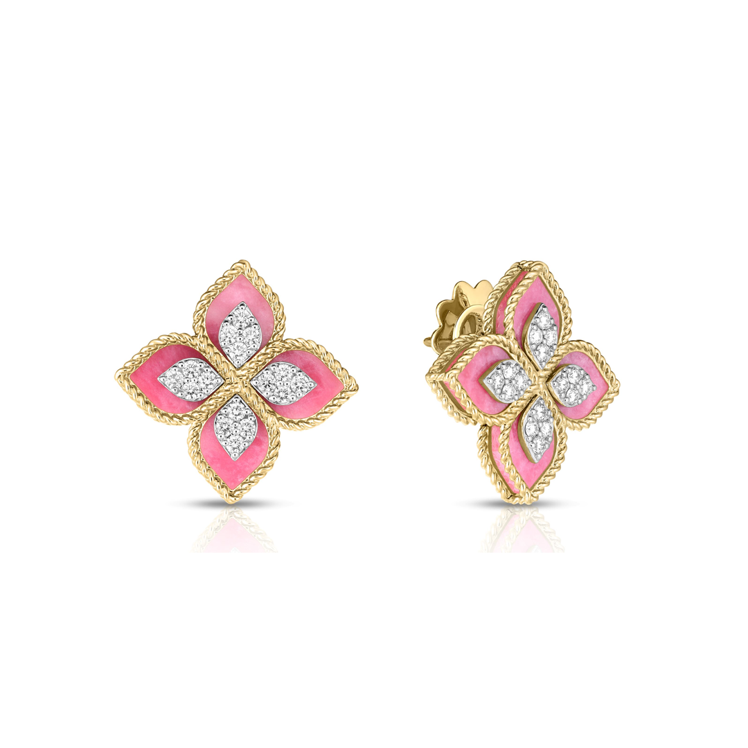 Roberto Coin 18K Yellow Gold Princess Flower Diamond and Pink Rhodonite Flower Earrings