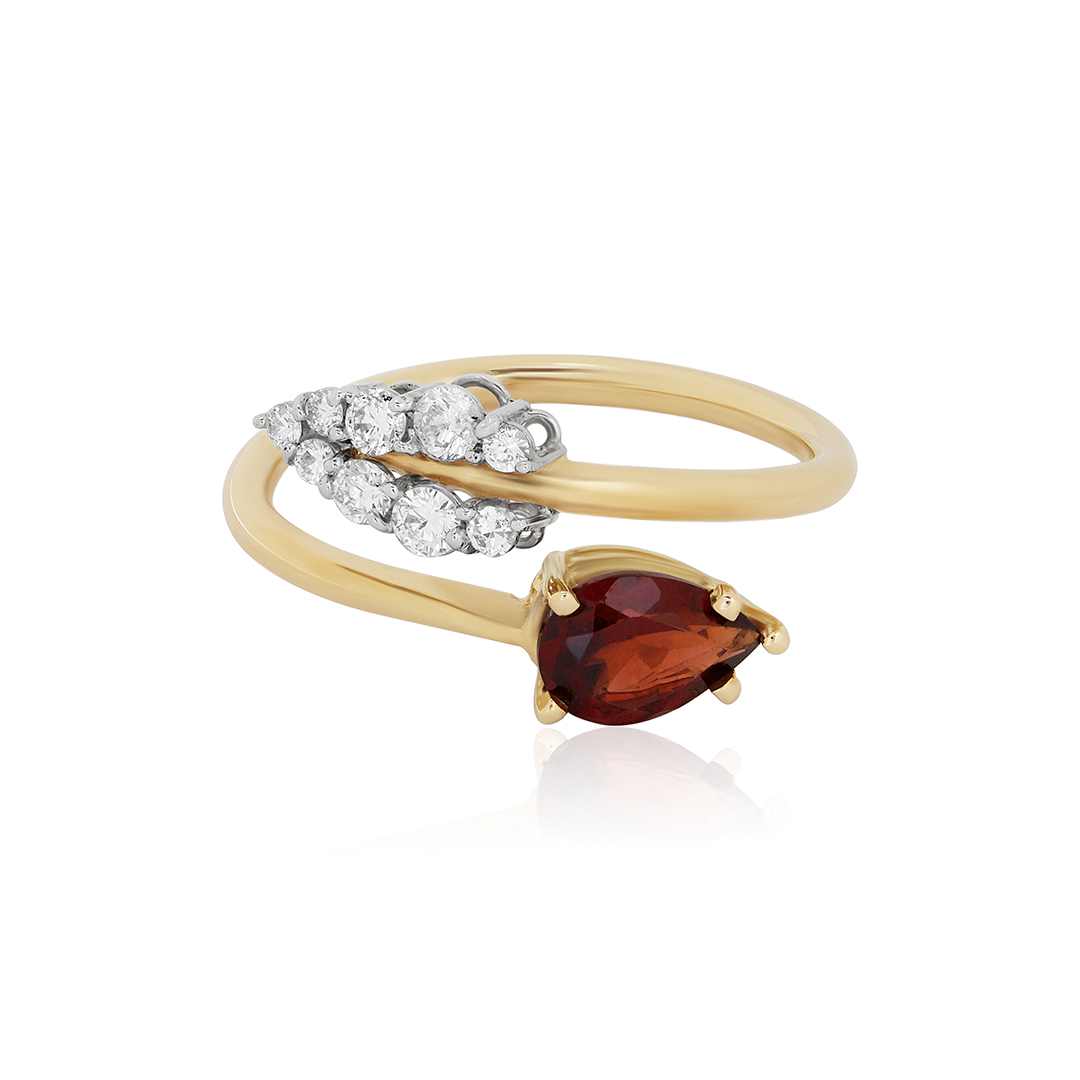 18K Yellow Gold and Platinum Diamond and Garnet Bypass Ring