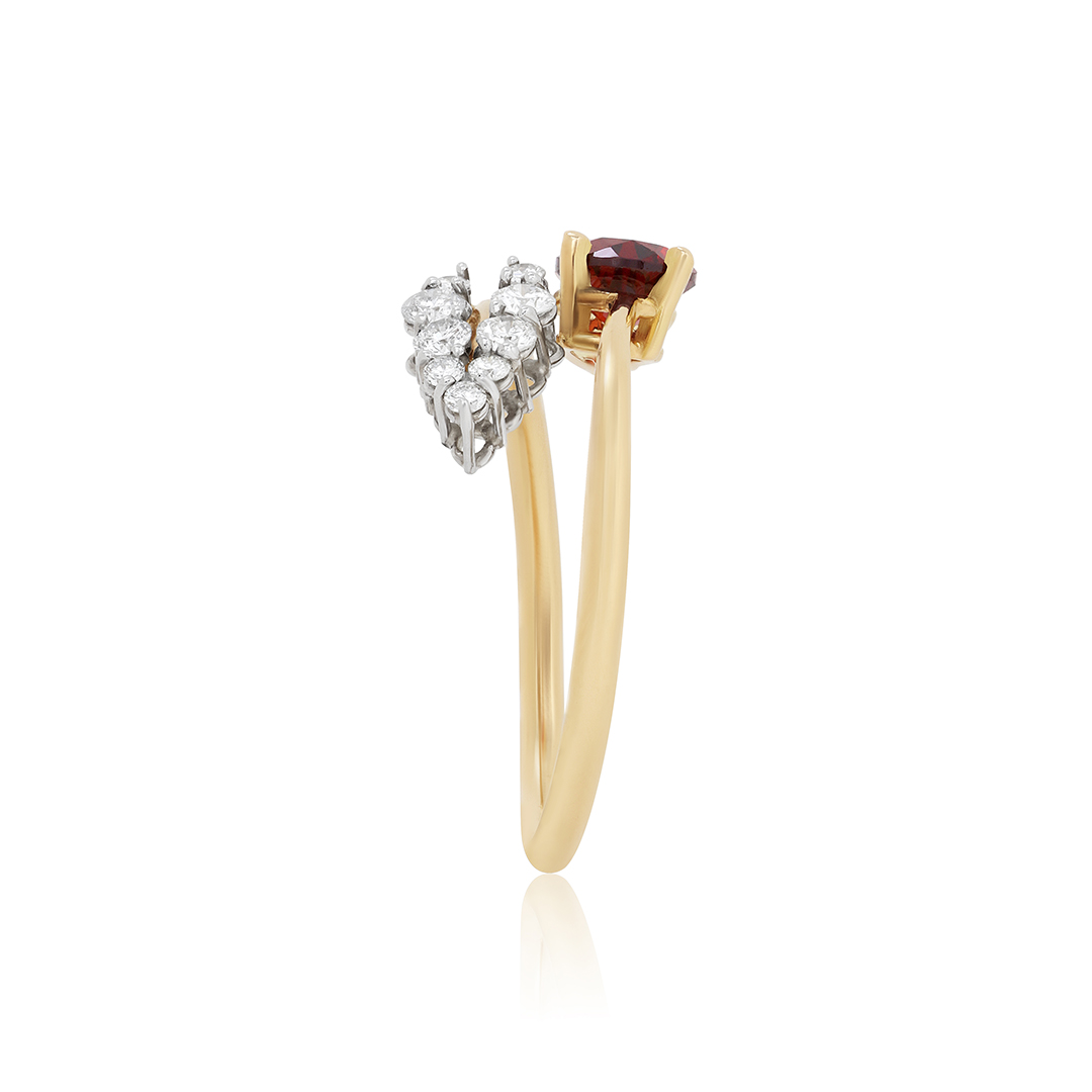 18K Yellow Gold and Platinum Diamond and Garnet Bypass Ring