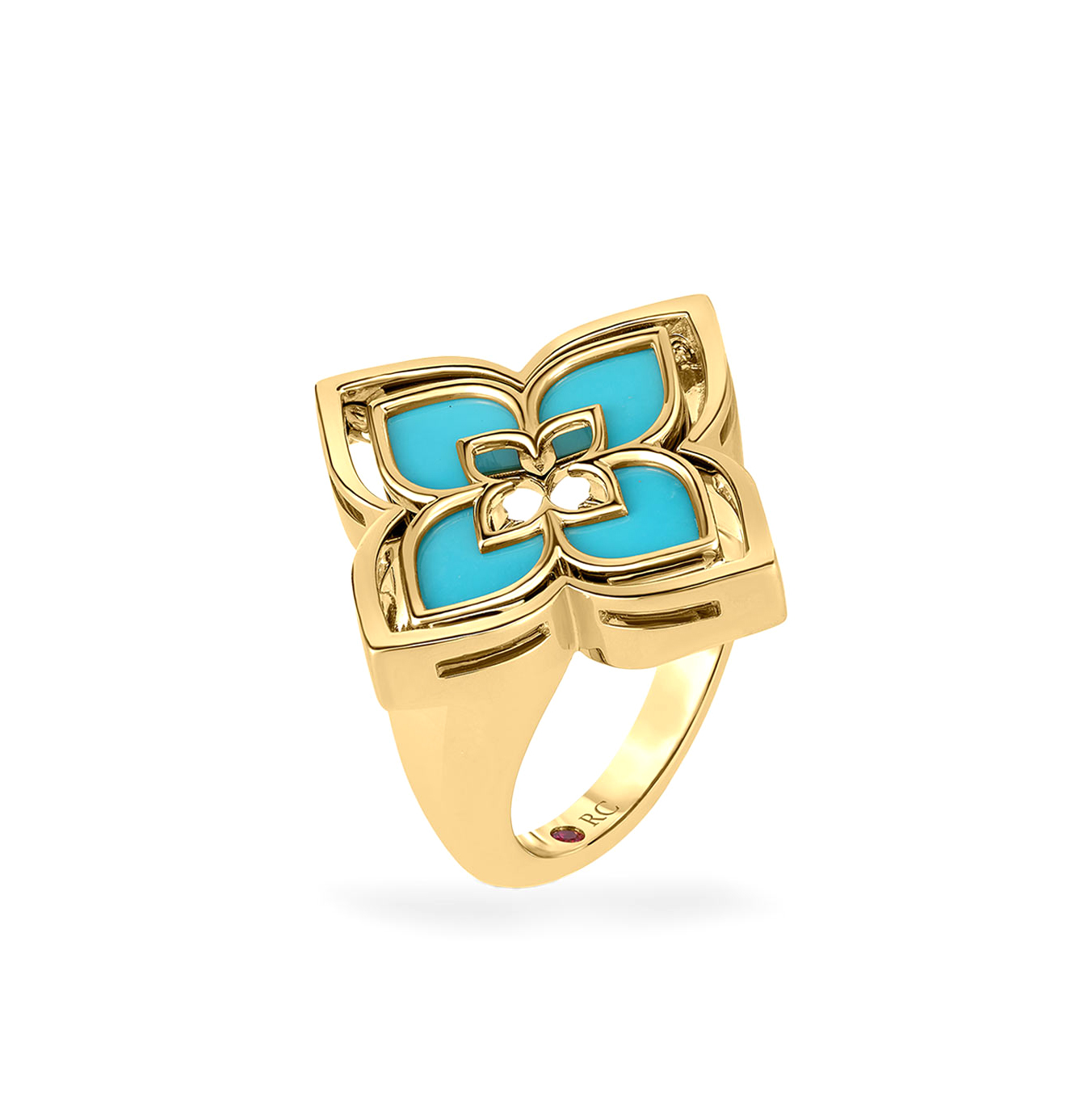 Robero Coin 18K Yellow Gold Diamond and Turquoise Ring