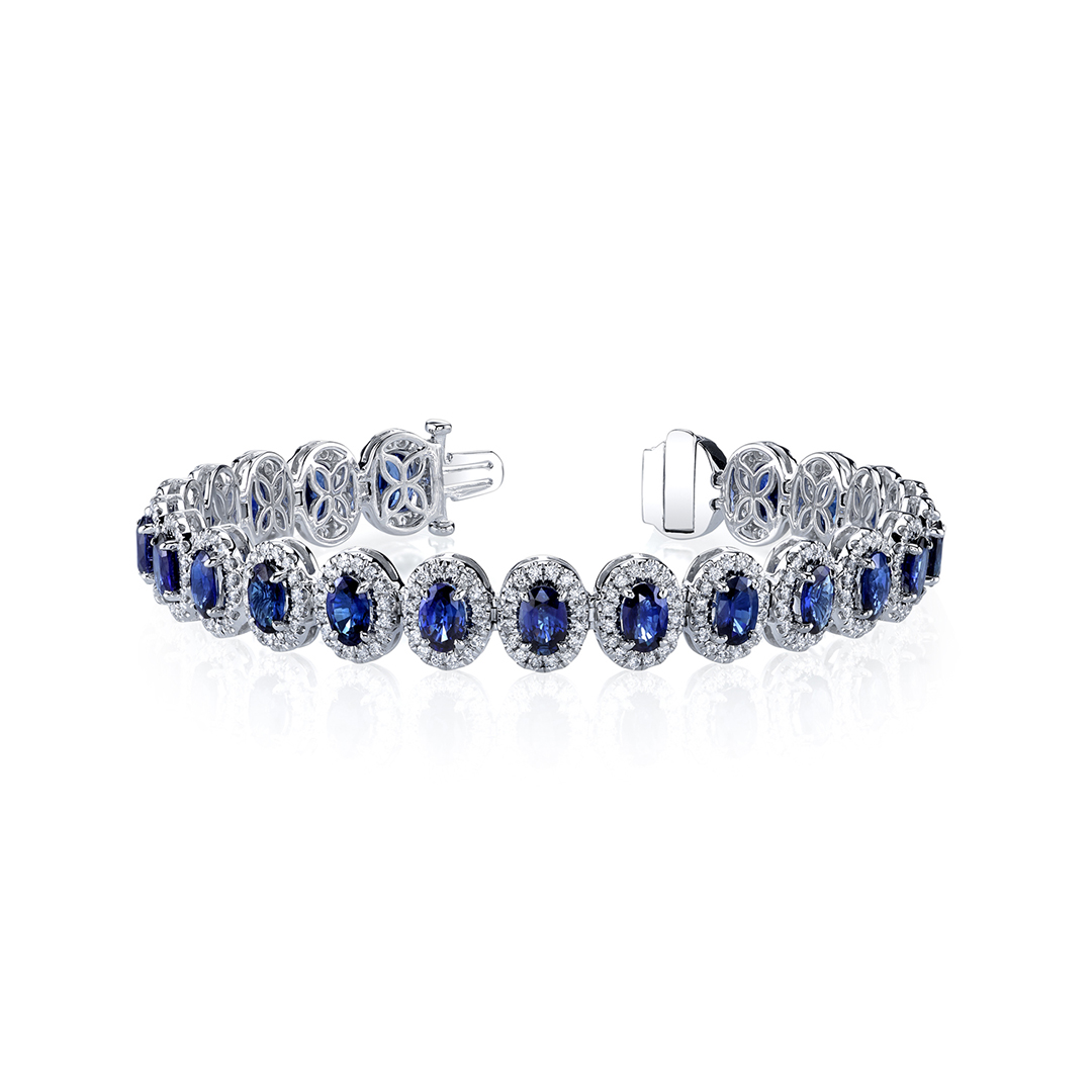 18K White Gold Sapphire and Diamond Halo Tennis Bracelet - 214
