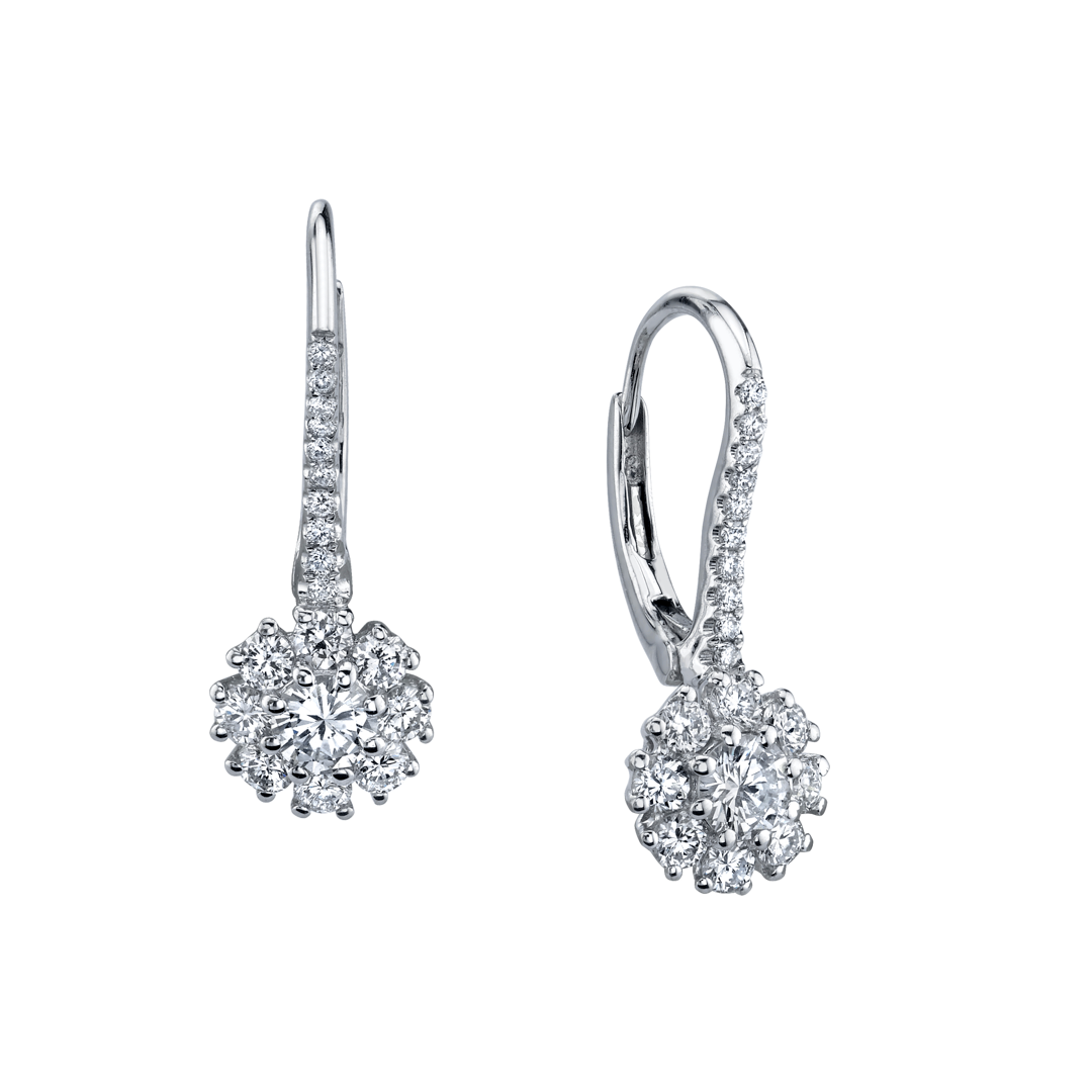 18K White Gold Diamond Flower Drop Earrings