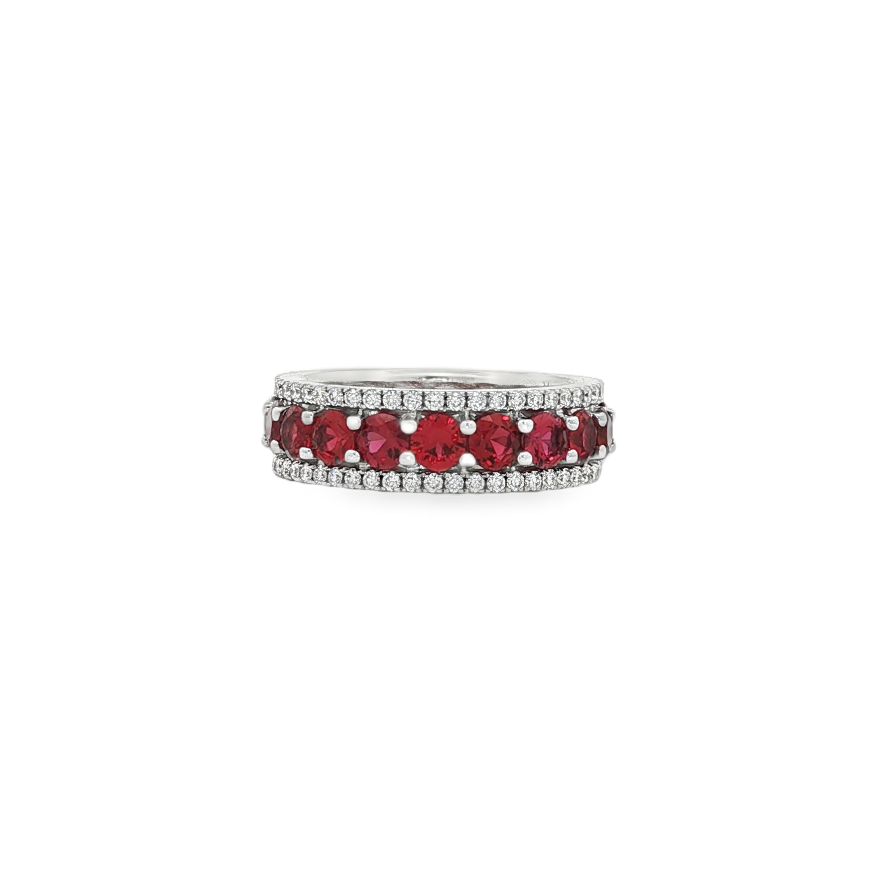 18K White Gold Ruby and Diamond Three Row Ring