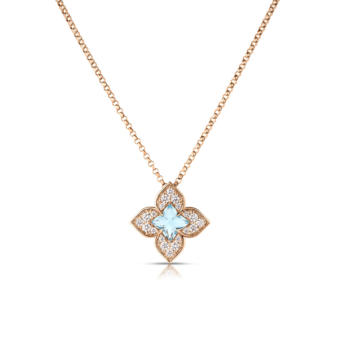 18K Rose Gold Diamond and Blue Topaz Flower Necklace