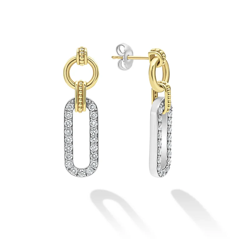 LAGOS Sterling Silver and 18K Yellow Gold Signature Caviar Diamond Link Drop Earrings