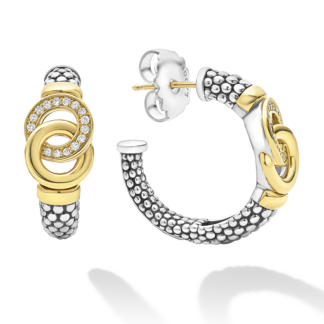 LAGOS Sterling Silver and 18K Yellow Gold Signature Caviar Diamond Hoop Earrings