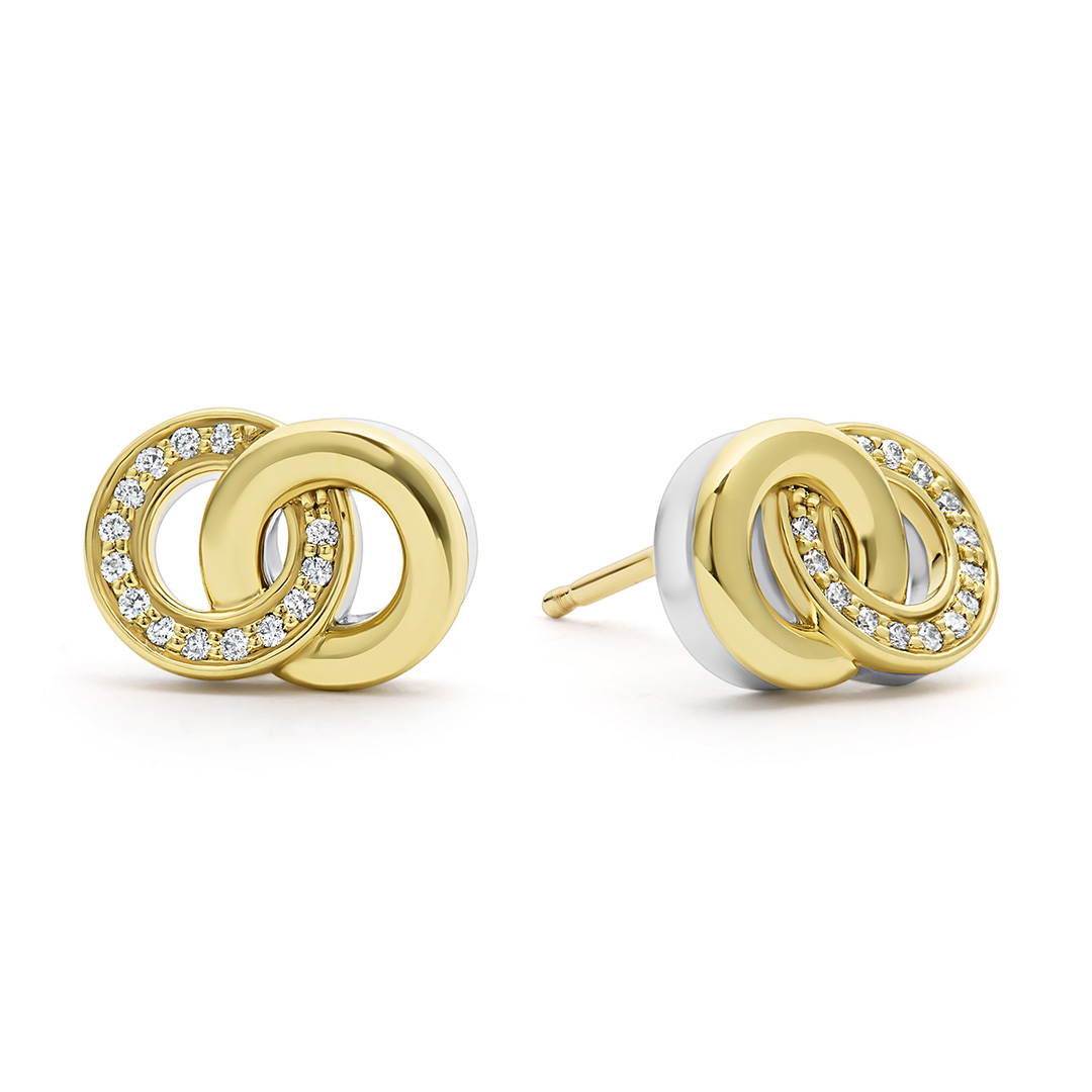 LAGOS Sterling Silver and 18K Yellow Gold Signature Caviar Interlocking Diamond Stud Earrings
