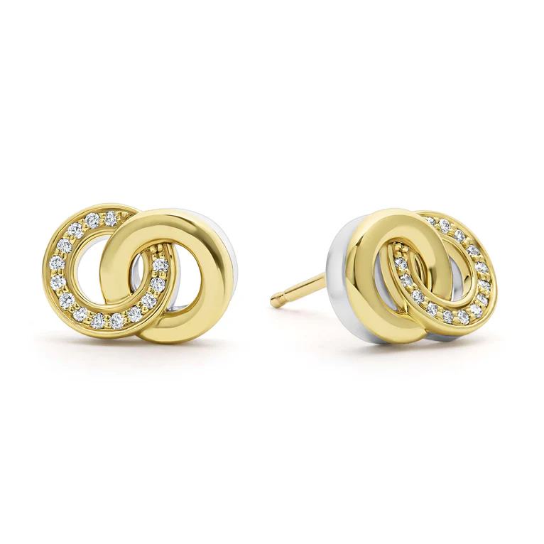 LAGOS Sterling Silver and 18K Yellow Gold Signature Caviar Interlocking Diamond Stud Earrings
