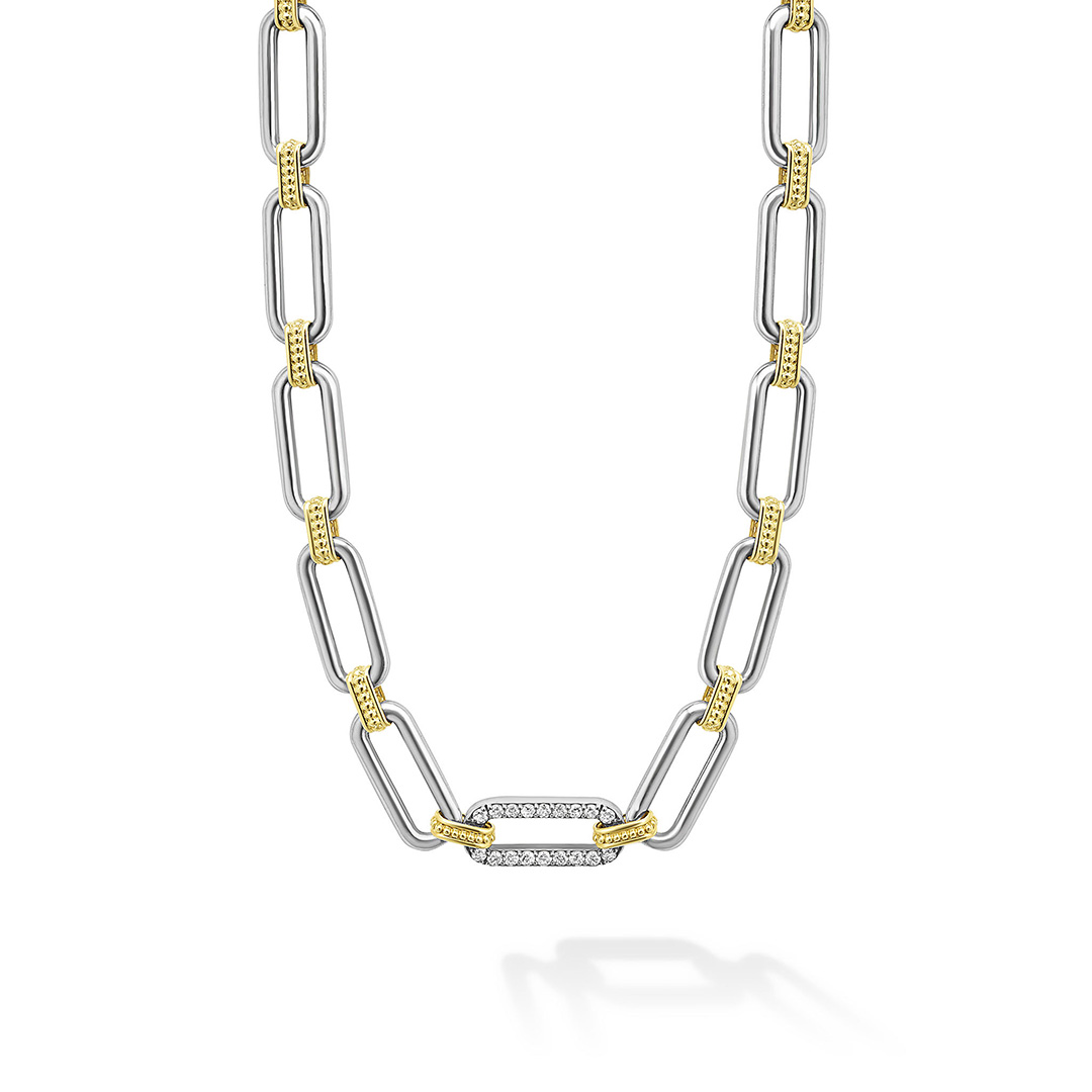 LAGOS Sterling Silver and 18K Yellow Gold Signature Caviar Diamond Link Necklace itemprop=