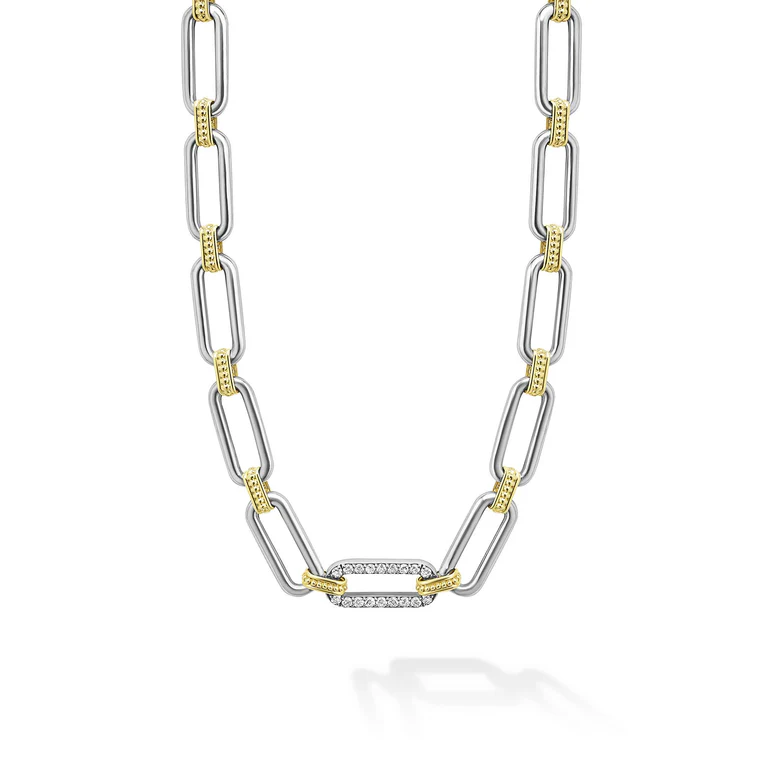 LAGOS Sterling Silver and 18K Yellow Gold Signature Caviar Diamond Link Necklace - 04-81262-DD18