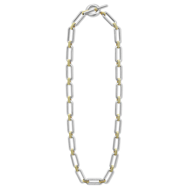 LAGOS Sterling Silver and 18K Yellow Gold Signature Caviar Diamond Link Necklace