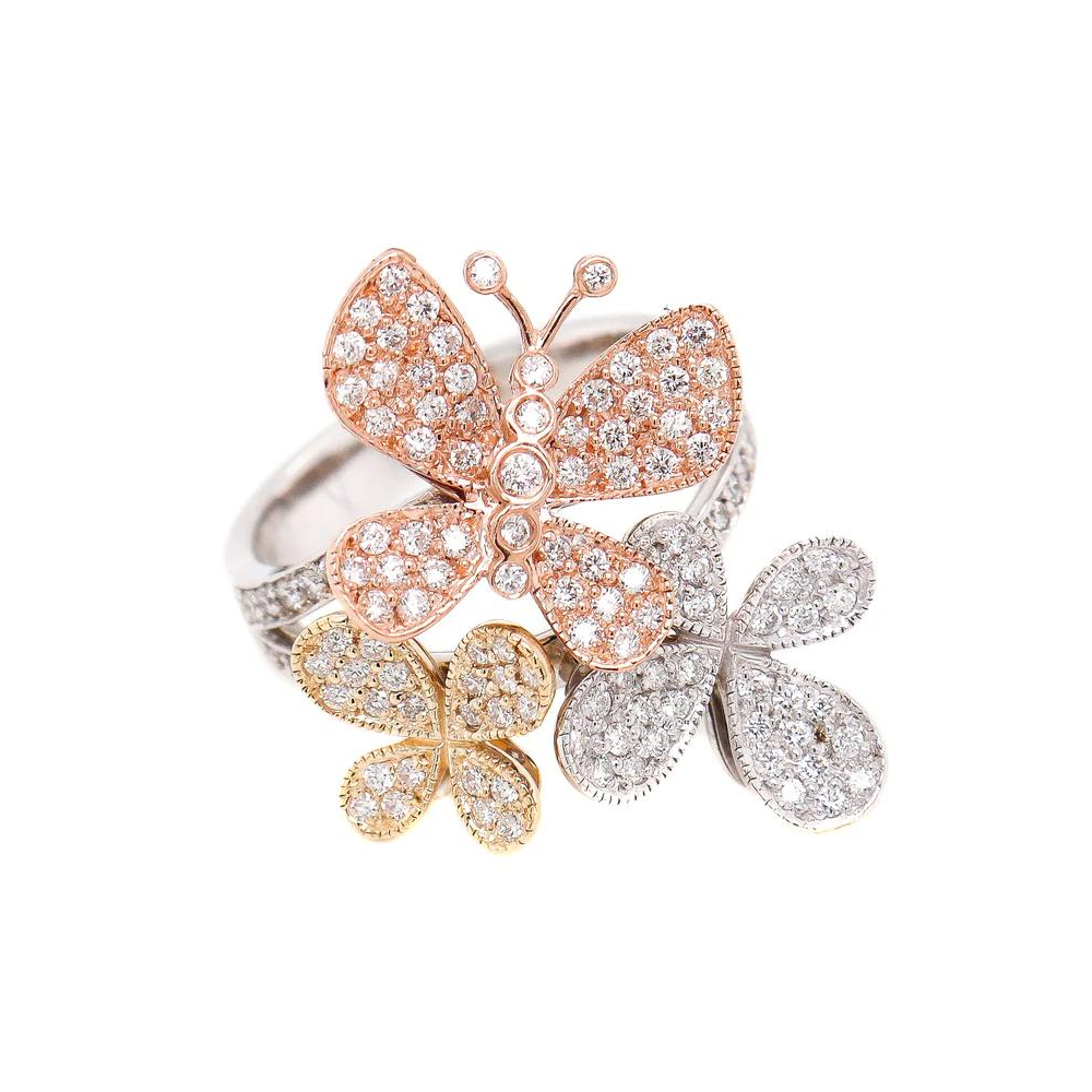 14K Yellow, White and Rose Gold Diamond Butterfly Ring
