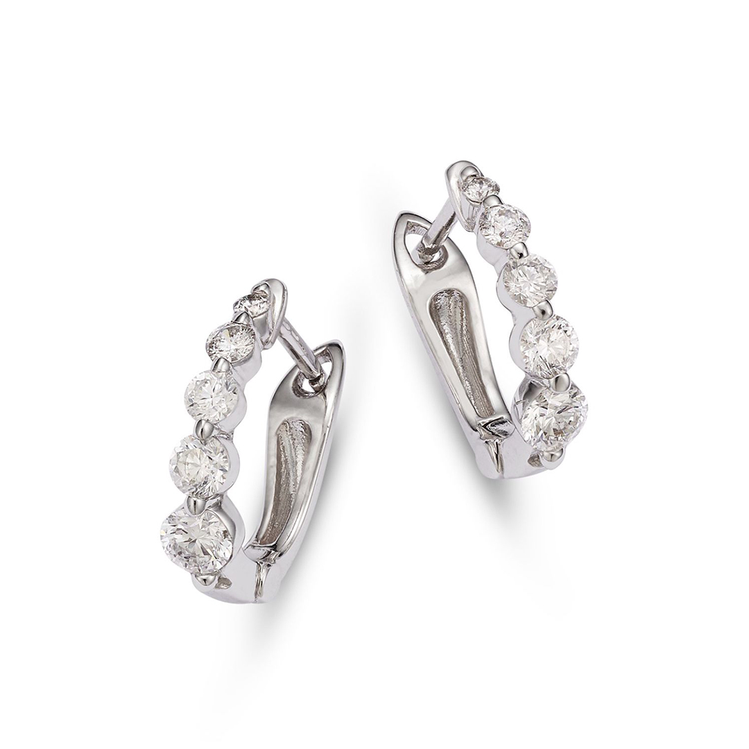 14K White Gold Diamong Huggie Hoop Earrings
