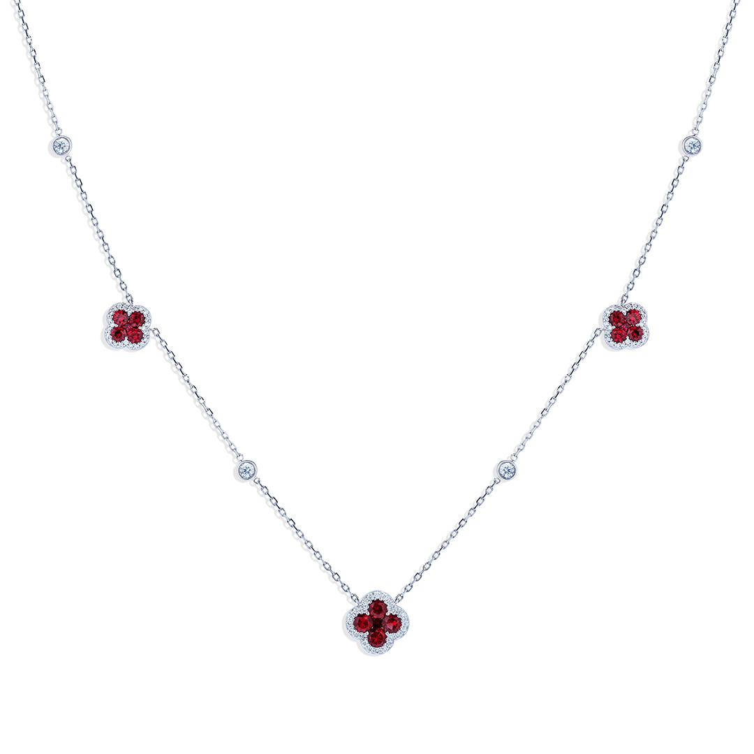 18K White Gold Diamond and Ruby Flower Necklace