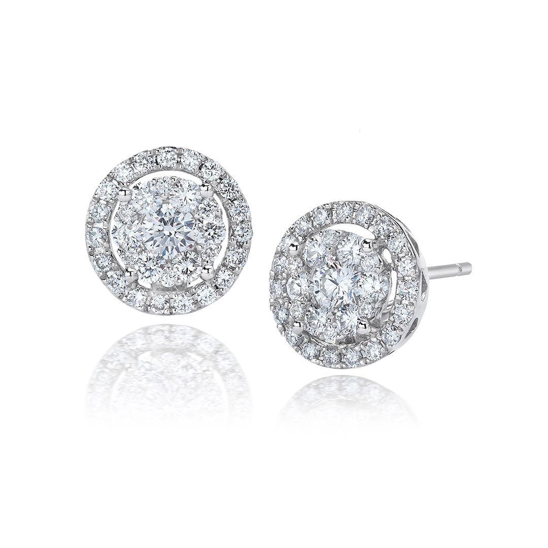 18K White Gold Diamond Halo Stud Earrings