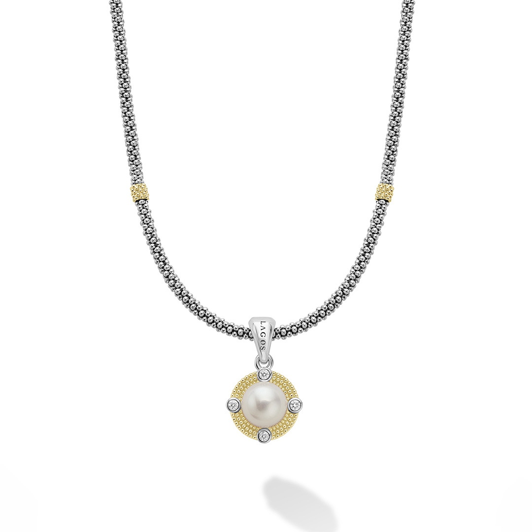 LAGOS Sterling Silver and 18K Yellow Gold Luna Freshwater Pearl and Diamond Necklace