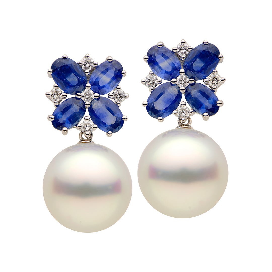 18K White Gold Diamond, Sapphire, and South Sea Pearl Drop Earrings