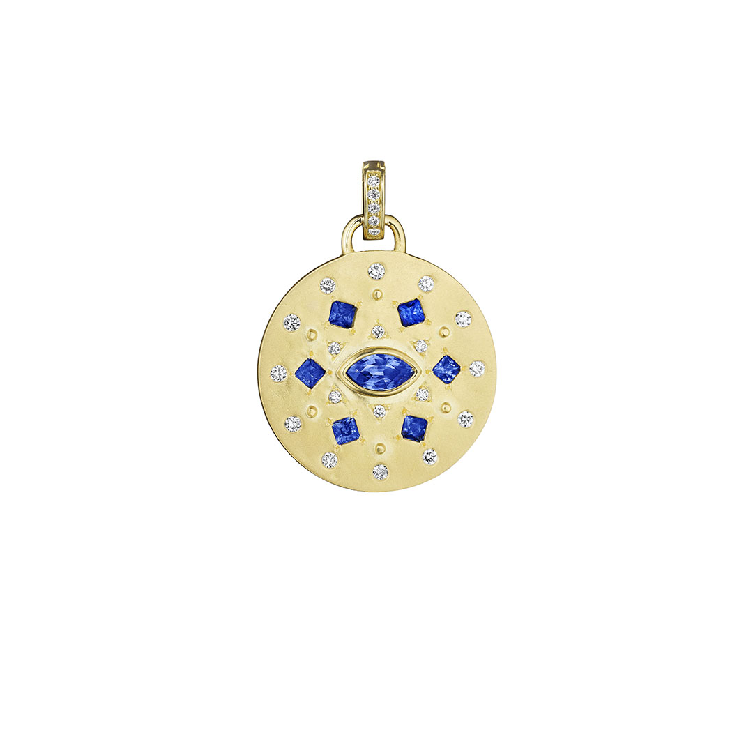 Penny Preville 18K Yellow Gold Diamond and Blue Sapphire Medallion Pendant